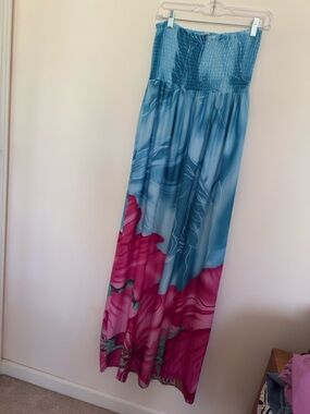Blue and Pink Strapless Maxi Dress